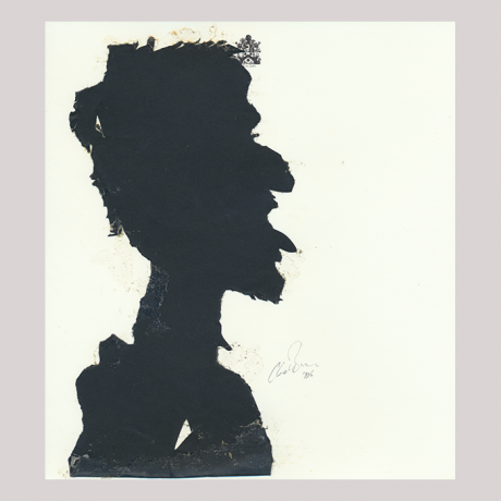 
        Front of silhouette, with a caricature of a man looking right, the man have out her tongue.